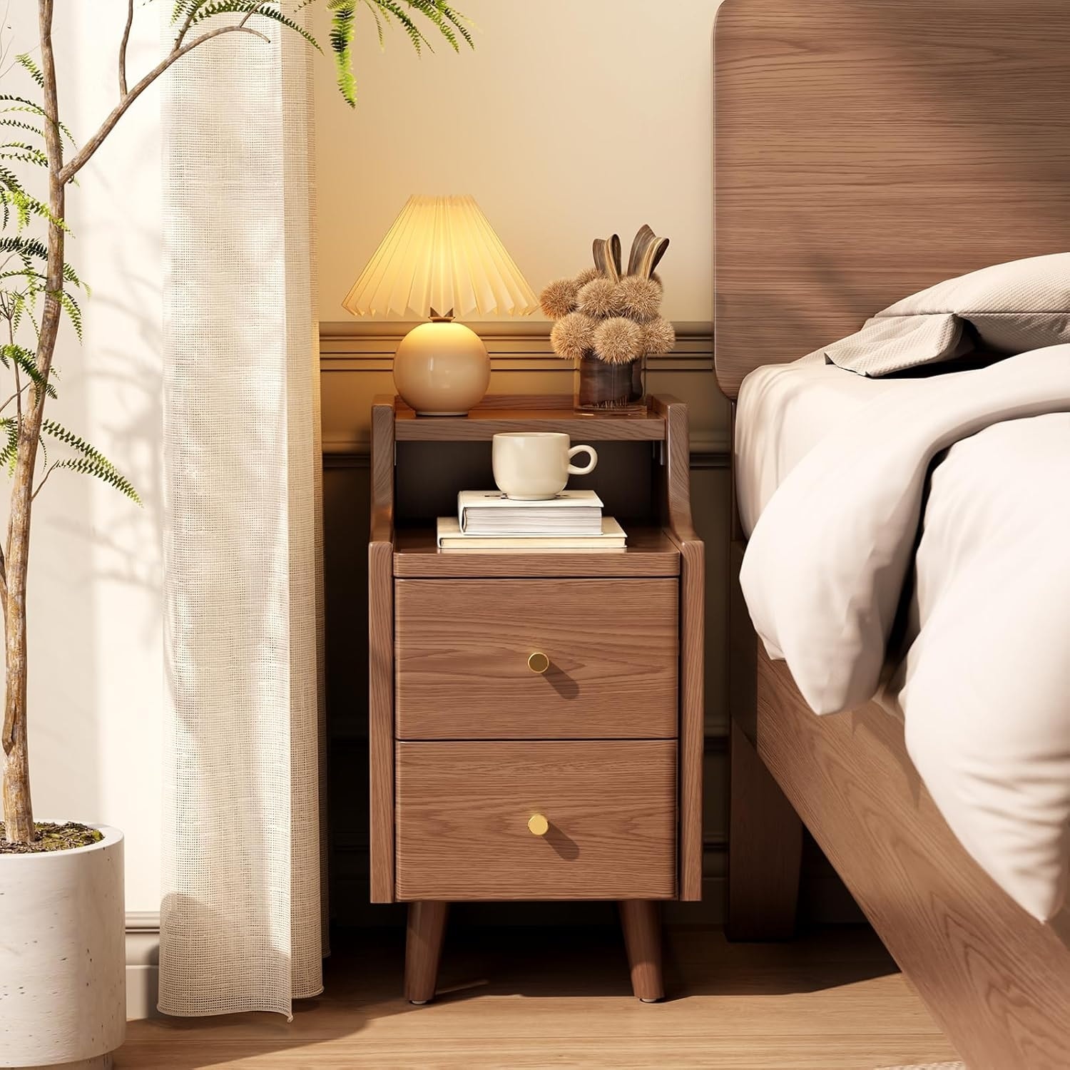 Slim Nightstand with 2 Drawers, Modern Wood Bedside Table for Bedroom, Study, or Bathroom