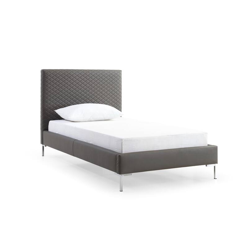 Twin Bed Frame Upholstered Dark Gray Faux Leather Chrome Legs Modern Bedroom Furniture