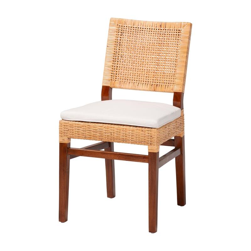 Lesia Natural Rattan Dining Chair with Cushion - Handwoven Wicker Side Chair with Mahogany Wood Frame, Coastal Boho Seating - Light Honey/Walnut Brown