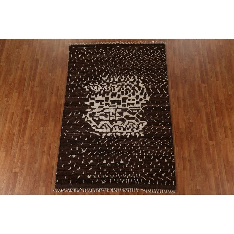 Hand Knotted Oriental 100% Wool Carpet Tribal Tribal Brown Moroccan Area Rug - 8' 2'' X 5' 7''
