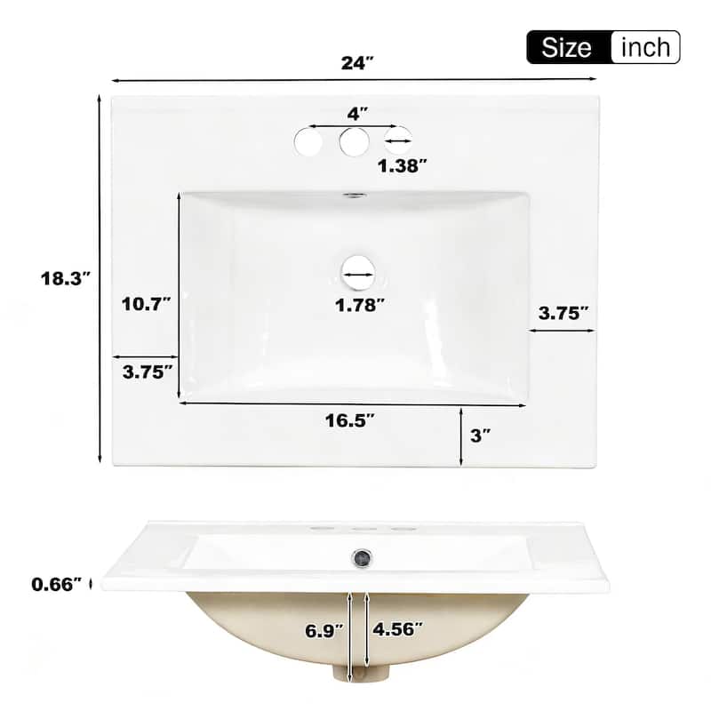 24" Modern Bathroom Vanity with Ceramic Sink - Soft-Close Door, 3 Drawers & Gold Handles