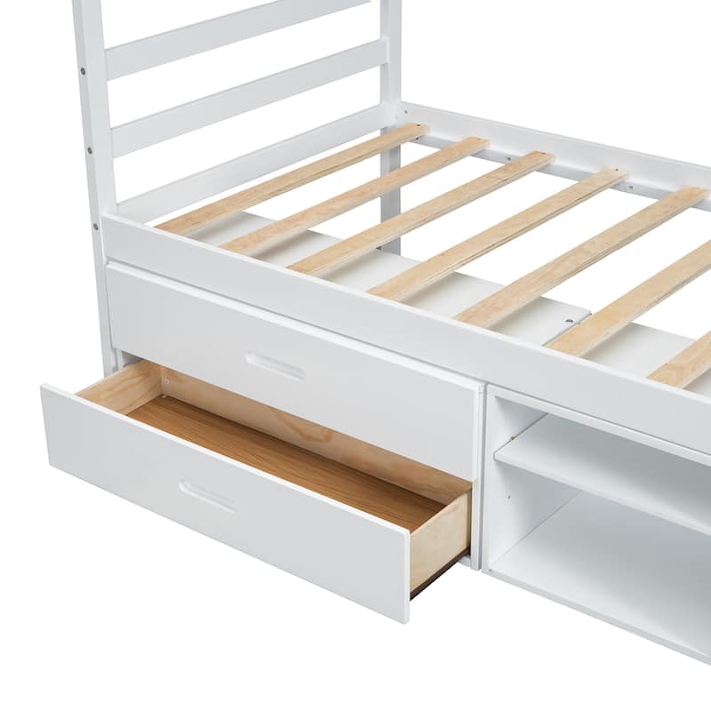Wood Platform Bed with Removable Storage Shelves and Two Drawers