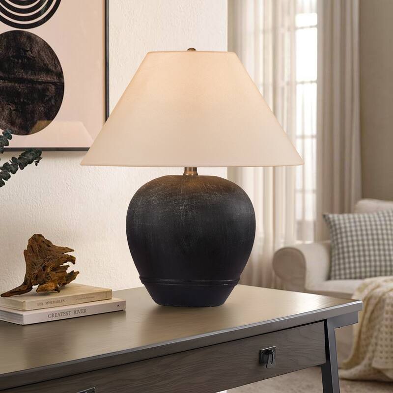 Ceramic Table Lamp with Linen Shade - Black smudged white - 18.1"W x18.1"Dx21.2"H