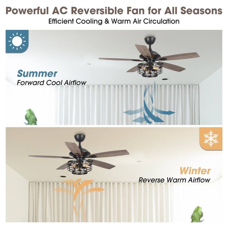 52" Industrial Wood 5-Blade 3-Light Metal Ceiling Fan with Remote
