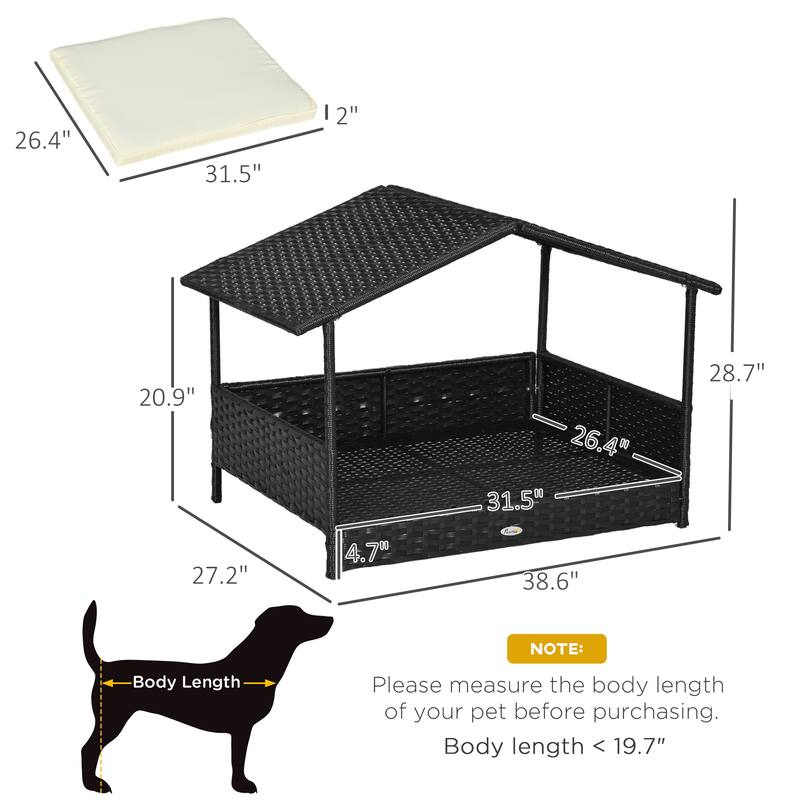 Wicker Dog House Outdoor with Canopy, Rattan Dog Bed with Water-resistant Cushion, for Small and Medium Dogs, Dark Blue