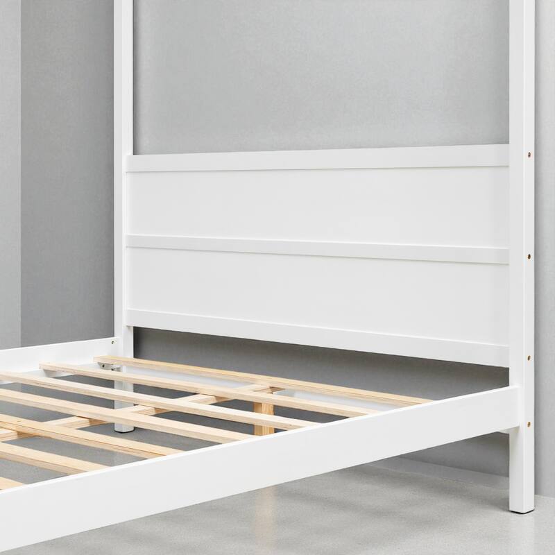 Queen Size Wooden Canopy Platform Bed with Headboard and Footboard, Slat Support, Underbed Storage