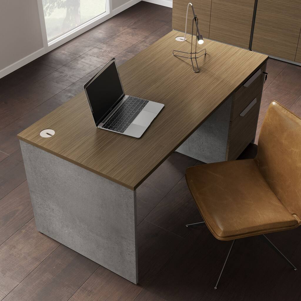 Broome Desk Set in Weathered Concrete and Latte Walnut