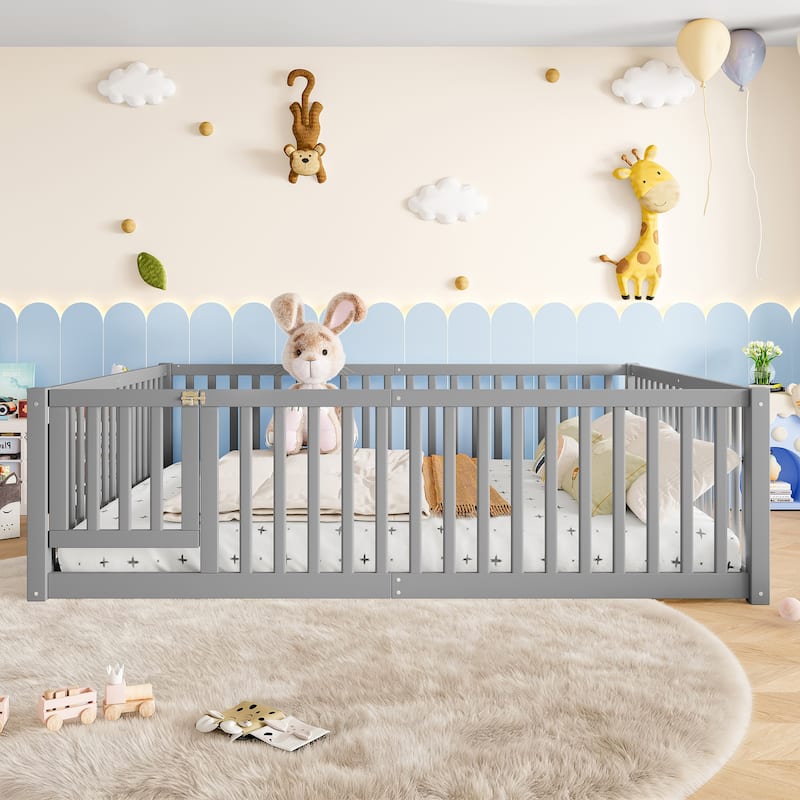 Montessori Floor Bed with Safety Guardrails & Door, Kids Low Profile Frame, Available in Queen/Full/Twin