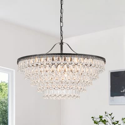 Luxury Distressed Black 11-Light Cascading Crystal Teardrops Chandelier - 27.6in