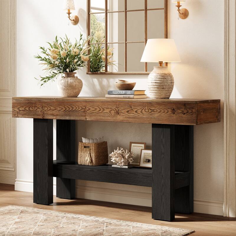 63 Inch Long Solid Wood Console Table for Entryway - 11.81" D x 62.99" W x 31.5" H - Rustic Brown/ Black