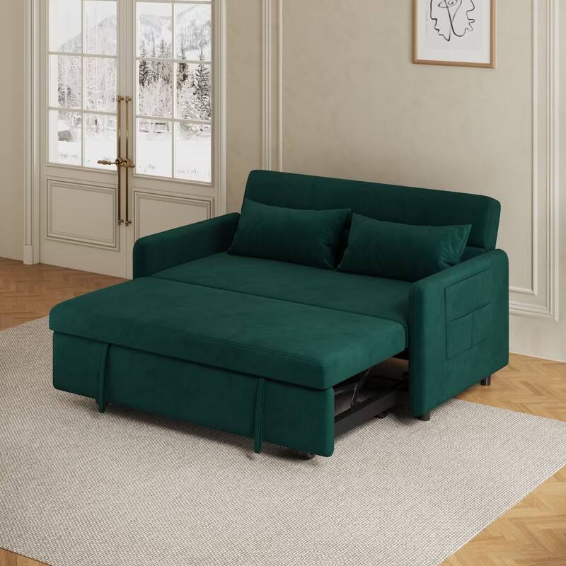 Sofa Pull Out Bed Included 2 Pillows Velvet Sofa for Small Spaces Teal