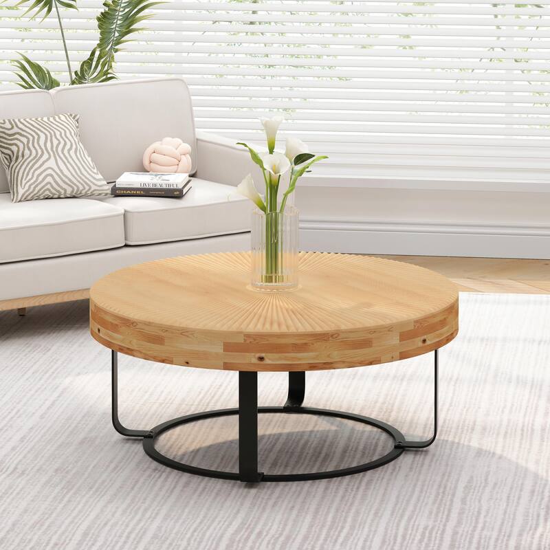 Modern Round Coffee Table with Wooden Carving Pattern and Metal Legs - Natural+Black