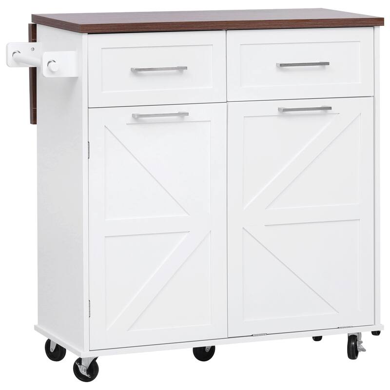 Farmhouse Rolling Kitchen Island Storage Cart on Wheels with Drop Leaf, Removable Side Spice Rack, 2 Drawers, Towel Rack