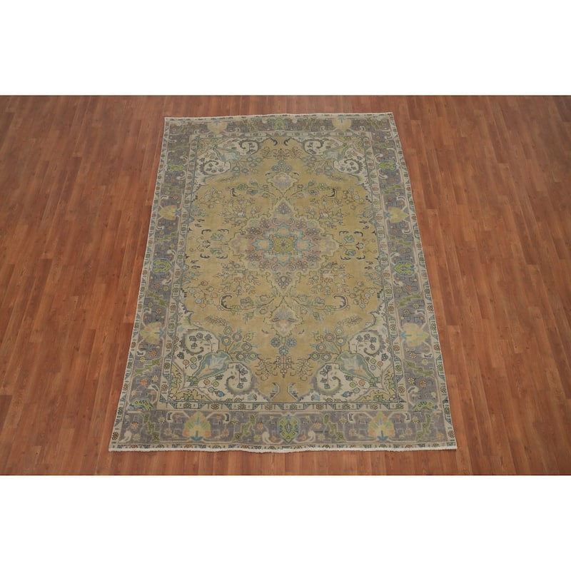 Hand Knotted Oriental 100% Wool Carpet Traditional Floral Yellow & Gold Tabriz Area Rug - 9' 4'' X 6' 7''