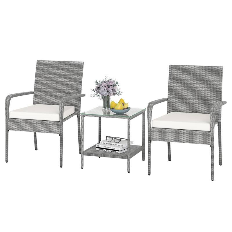 Gymax 3 Pieces Patio Furniture Set PE Rattan Porch Chairs w/ 2-Tier