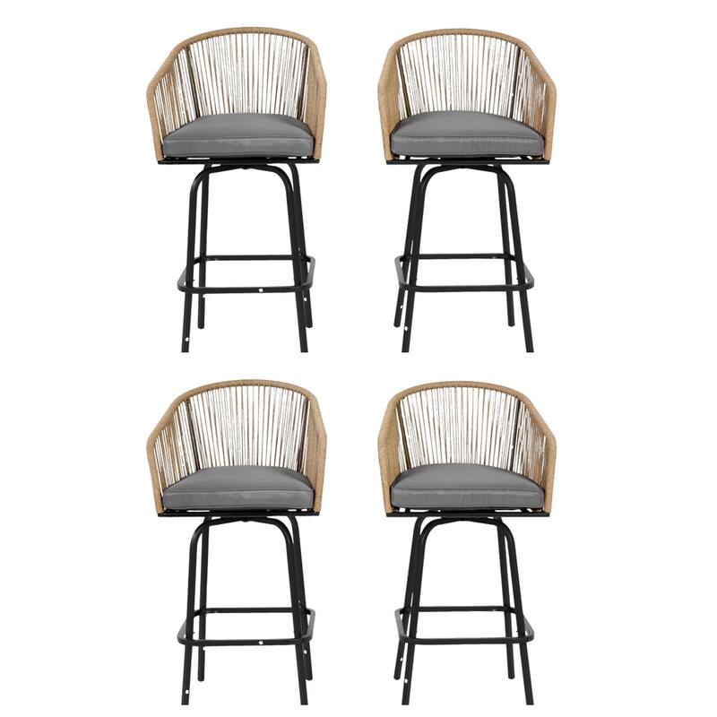 Outdoor Bar Stools Set of 4,All-Weather PE Rattan Bar Chairs with Armrests and Backrest - Grey