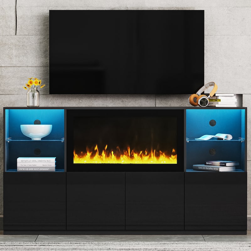 Modern LED TV Stand, for TVs up to 75 Inches with Electric Fireplace and Tempered Glass Shelf, for Living Rooms, Black
