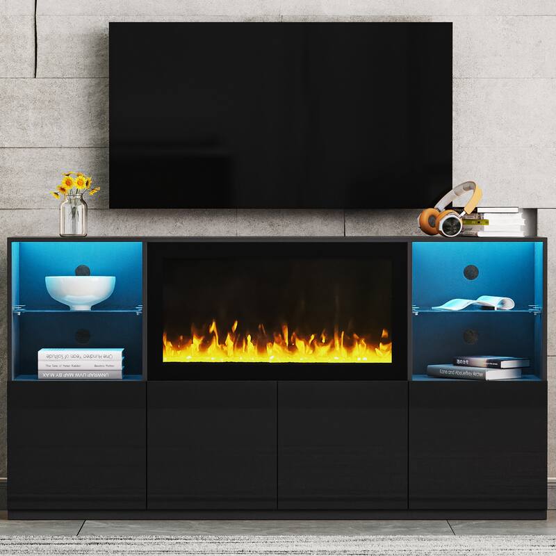 Stylish TV Stand with Non-heating Electric Fireplace, LED Lights & Glass Shelves for TVs up to 75"