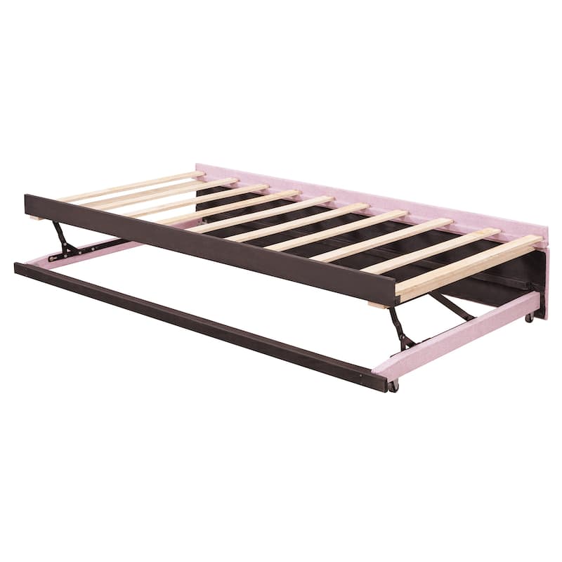 Twin Size L-Shaped Upholstered Daybed with Pop-Up Trundle in Pink