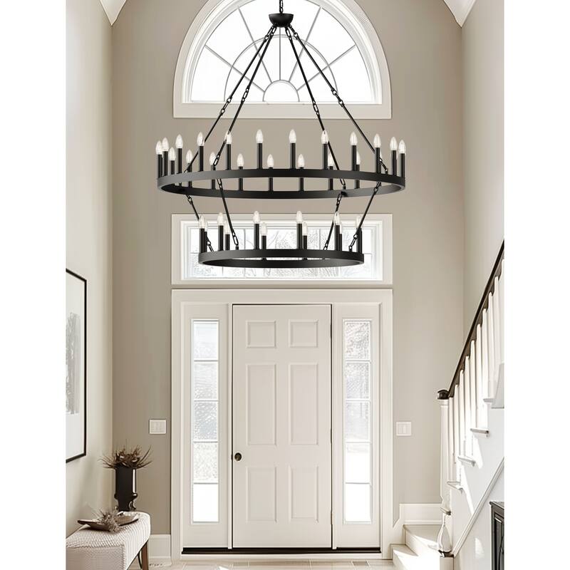 2 Tier Dining Room Light Fixture, Wagon Wheel Chandelier 47/60/70 inch Extra Large, Farmhouse Round Rustic Lighting