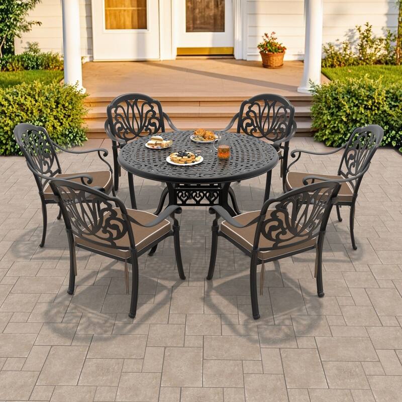 5/7-Piece Cast Aluminum Outdoor Dining Set with 48.03 in. Round Table and Cushions - Black(7-Piece Sets-A)