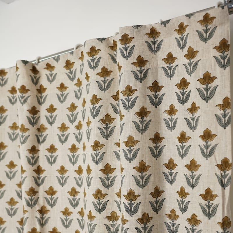 Fabdivine Handmade Floral Block Print Window or Door Room Décor Viscose Linen Curtain - 54"X29" - Tulip- Brown, Grey