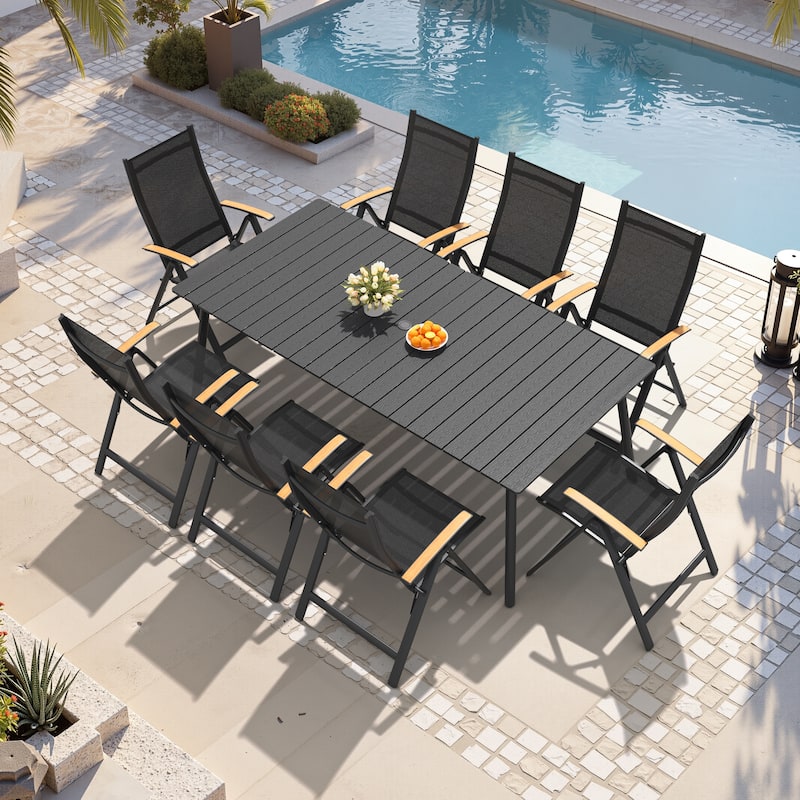 Outdoor Dining Set 8 Aluminum Folding Chairs with Adjustable Back and Rectangule Dining Table with Umbrella Hole - Black