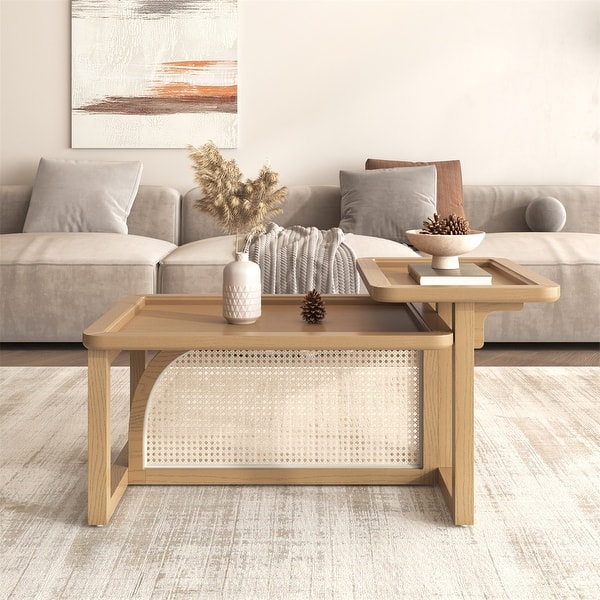 Modern 2 Piece Nesting Rattan Wood and MDF Coffee Table Set - Bed Bath ...