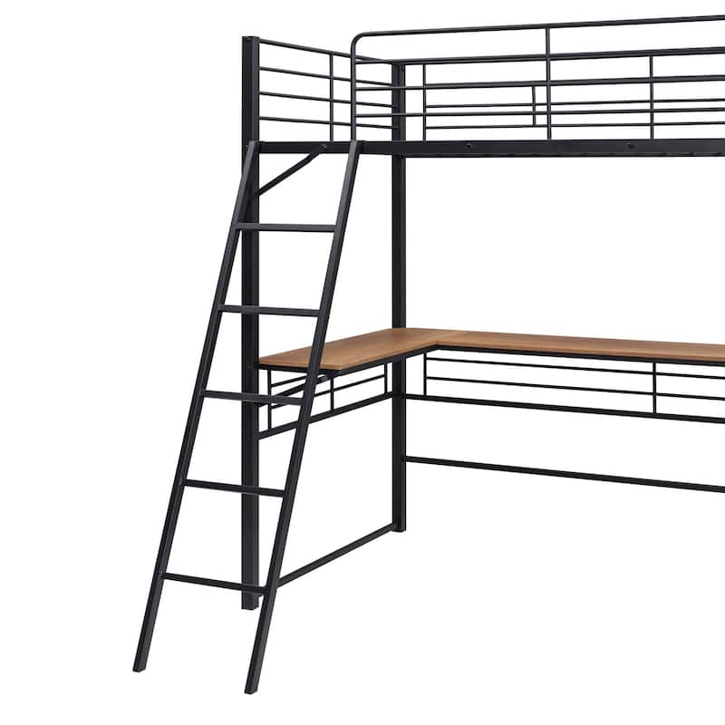 Metal Loft Bed with 3 Layers of Shelves and L-shaped Desk