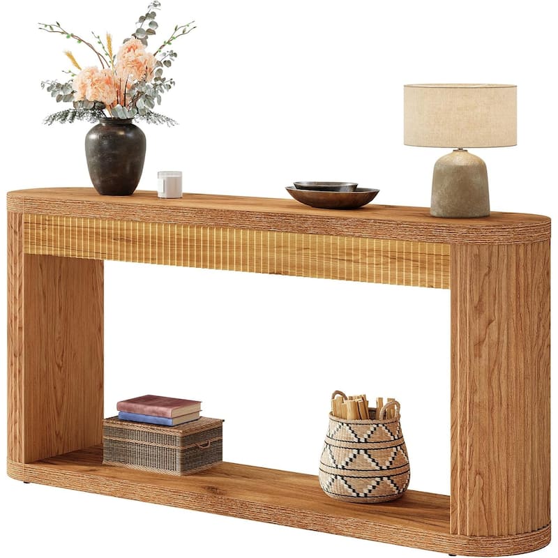 Industrial Fluted Console Table with Semi-Cylinder Supports 63” Narrow Entryway or Sofa Table with Adjustable Base Pads