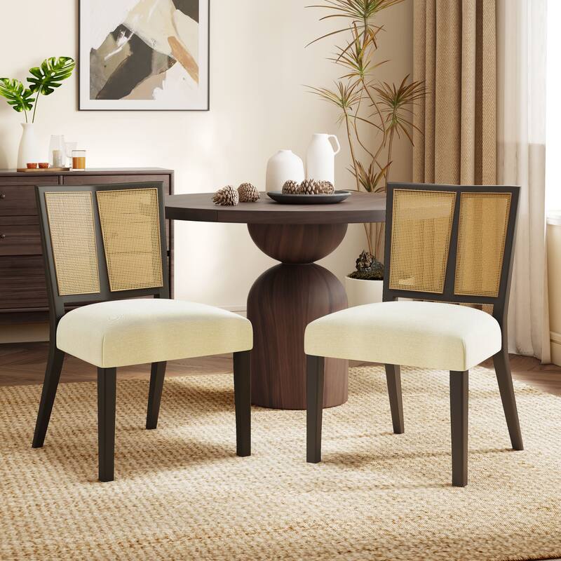 Mid-Century Modern Dining Chair with Rattan Back(Set of 2) - Beige+Dark Brown-without Armrest