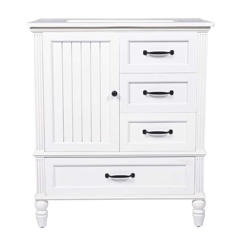 30" Bathroom Vanity with Ceramic Sink Top, Modern Bathroom Storage Cabinet with 1 Door, 3 Drawers and Solid Wood Legs