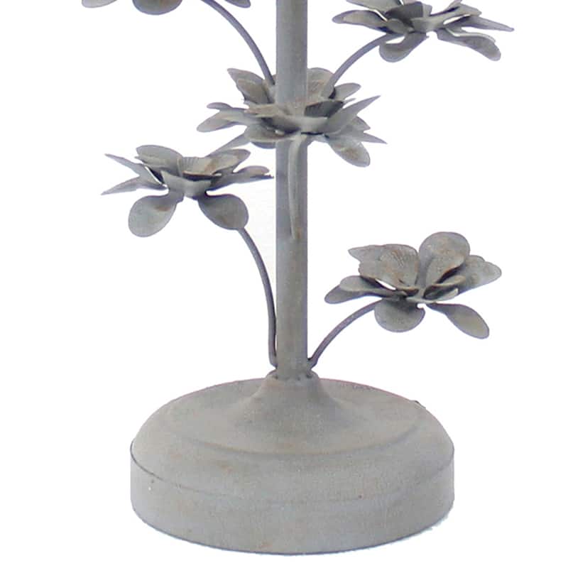 Flower Tree Design Metal Table Lamp Set of 2 with Tapered Drum Shade, Gray and Beige