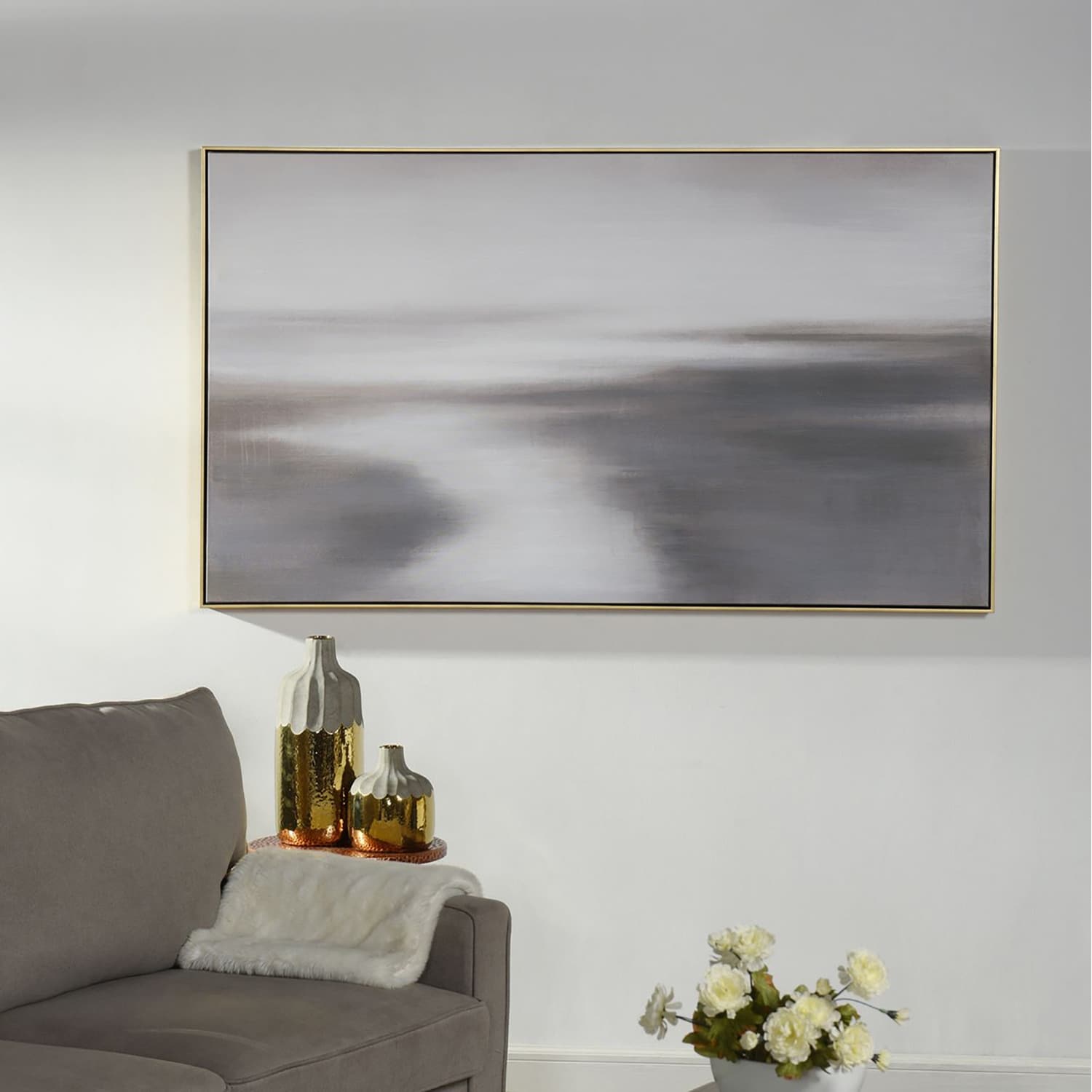 StyleCraft Grey Horizon - Hand painted Canvas Wall Art - 60" x 35" - Silver Frame