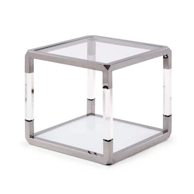 Jape 22 Inch Square Side End Table, Glass, Stainless Steel, Acrylic, White