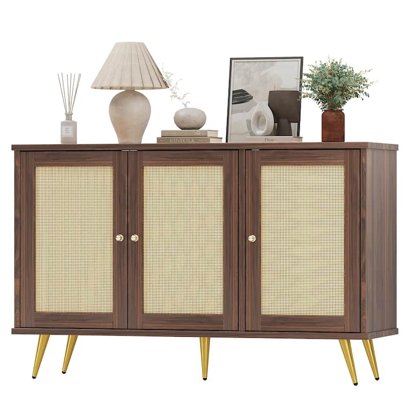 Rattan Storage Cabinet With 3 Door, Farmhouse Style Buffet Sideboard - N/A