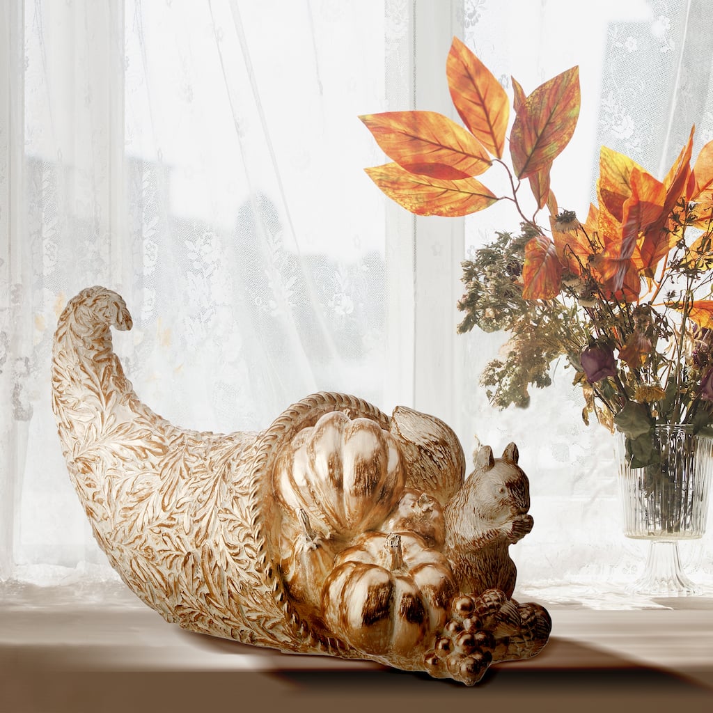 16" Resin Cornucopia With Fruit and Squirrel