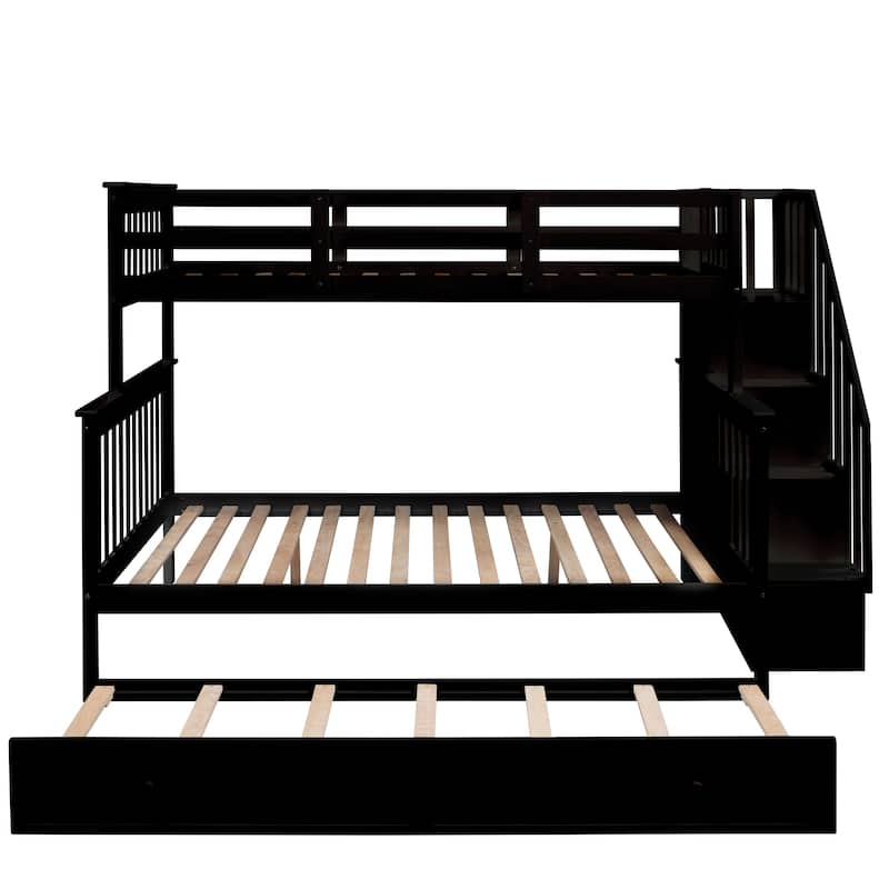 Twin-Over-Full Bunk Bed with Storage Stairway and Twin Trundle, Solid Pinewood Bunk Bed Frame, Divided Into 2 Individual Beds