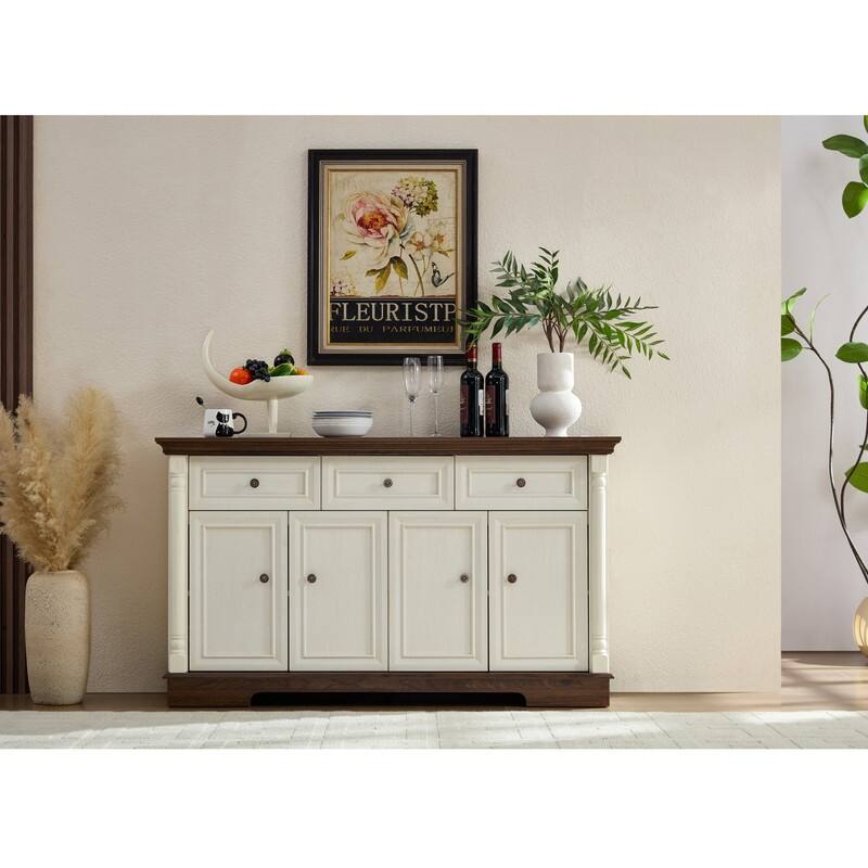 Farmhouse Roman Column Cabinet‌ – Wooden Storage Unit with Drawers & Doors, Coffee Bar & Wine Cooler for Kitchen or Hallway -  White+Walnut - 15.75in. W X55.12in.DX31.50in. H