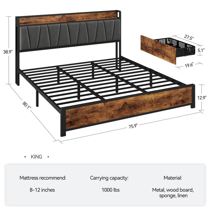 Bed Frame with Storage Linen Upholstered Headboard
