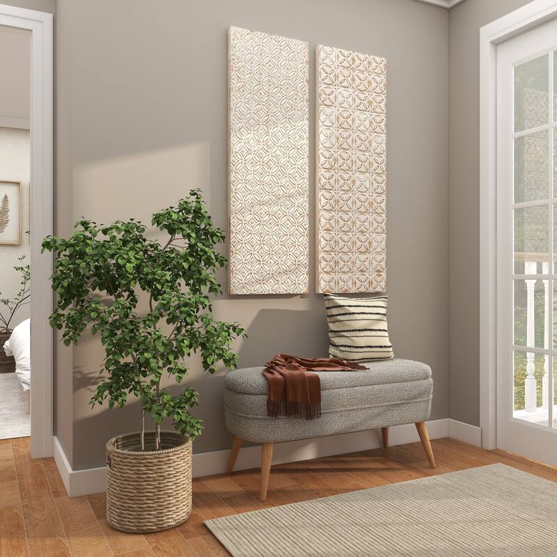 White Wooden Intricately Carved Geometric Home Wall Decor (Set of 2)