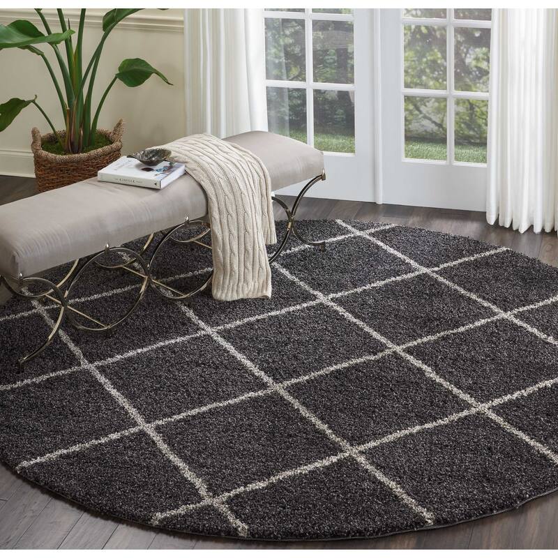 Nourison Brisbane Large Diamond Geometric Modern Shag Area Rug - 8'2" Round - Charcoal - Runner/Round