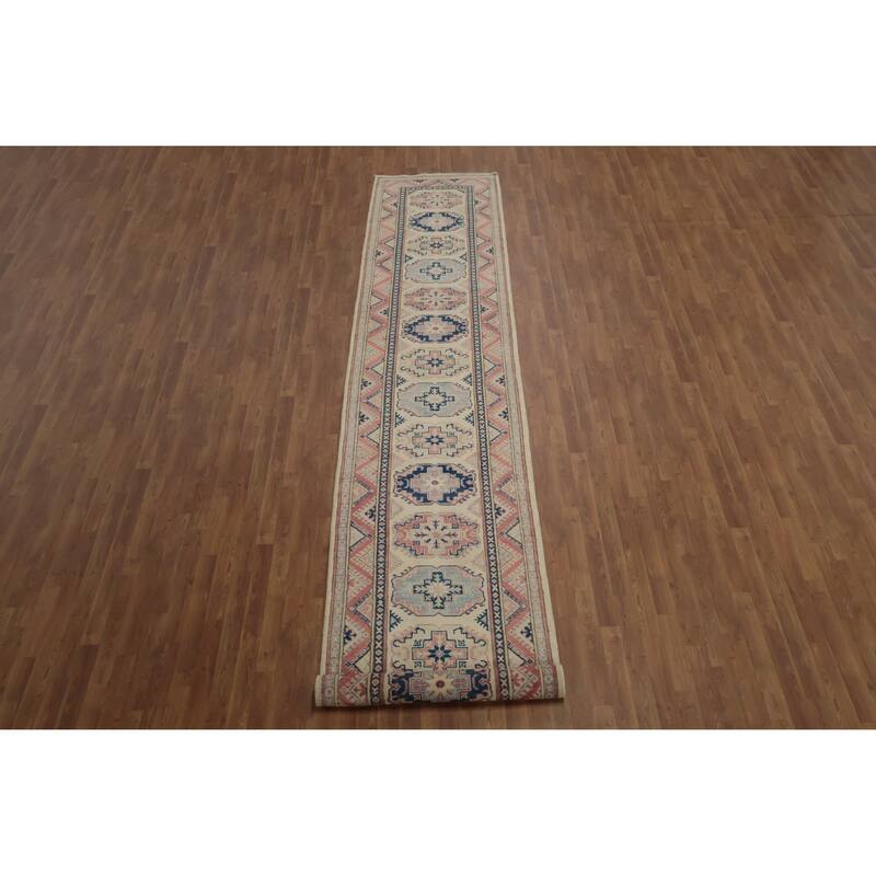 Hand Knotted Oriental 100% Wool Carpet Traditional Geometric Beige & Ivories Kazak Runner Rug - 16' 3'' X 3' 2''