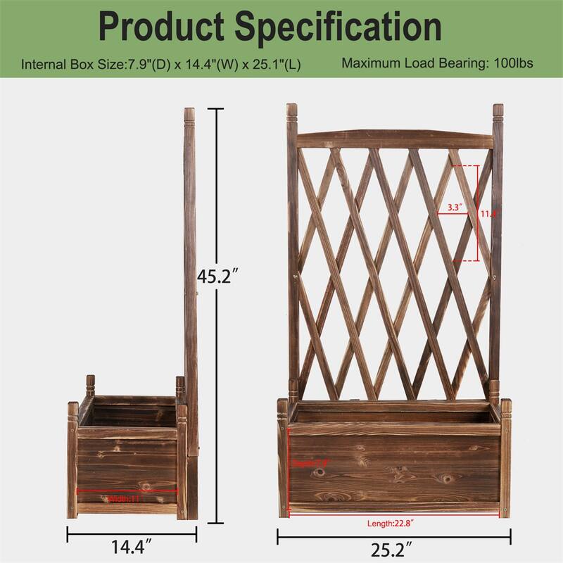 Solid Wood Planter Box with Trellis Weather-Resistant Outdoor - 25.2x14.4x45.2 inch