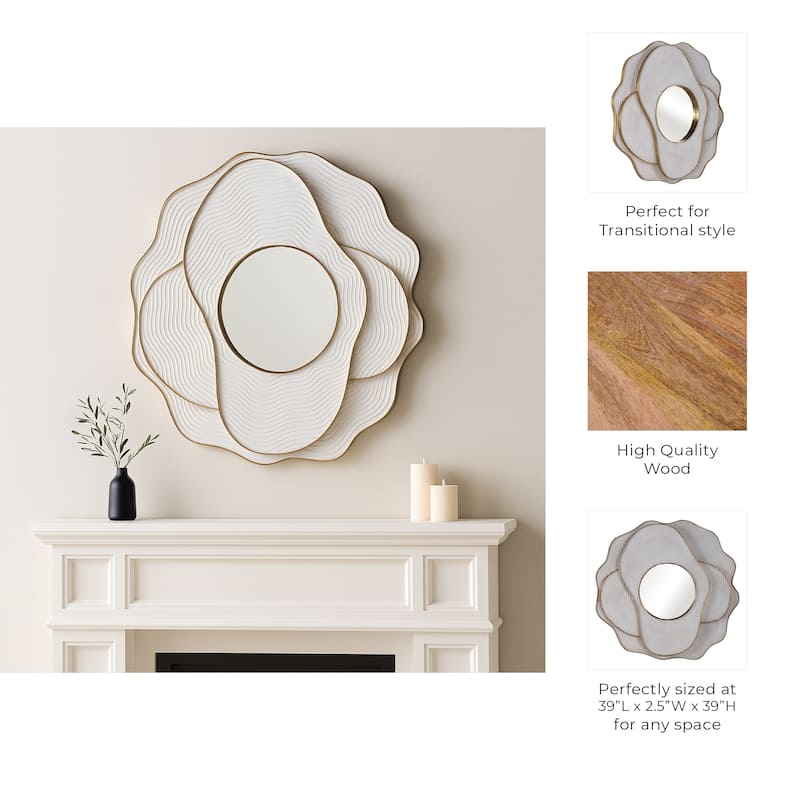 Decorative Large Square Layered Wood Wall Mirror - 39", Ivory & Gold - 39.0"