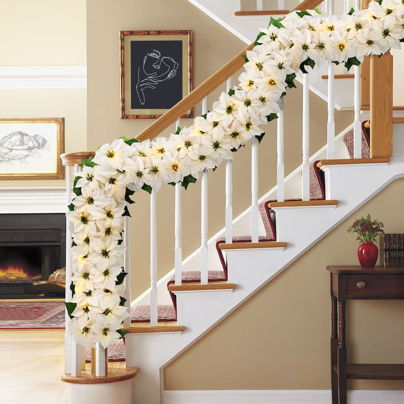 Puleo International 6' x 12" Pre-Lit Battery-Operated Artificial White Poinsettia Garland - White/Green