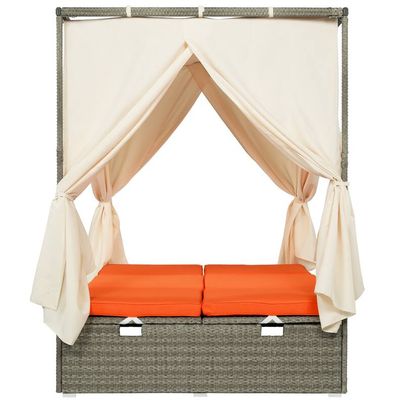 Outdoor Rattan Canopy Daybed Sunbed with Curtain & Adjustable Seat
