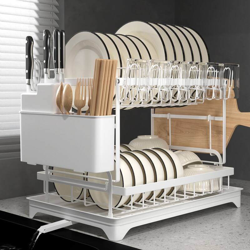 2 Tier Anti-Rust Dish Drying Rack Set with Drainage Spout