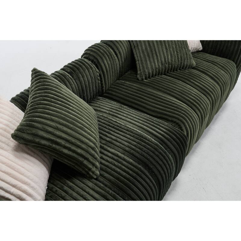 114.2" Corduroy 3-Seater Sectional Sofa with Ottoman & Wood Frame