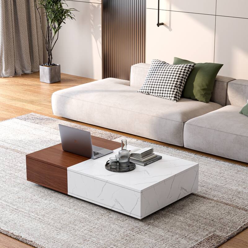 2-Color Marble Finish Patchwork Design Coffee Table with 2 Drawers - Walnut/White
